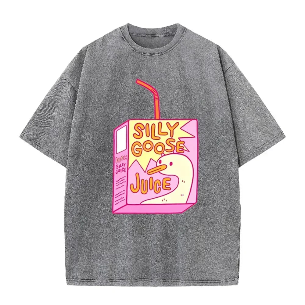 Cute Silly Goose Juice Box Print Washed Purple Y2K Aesthetic Women T-shirt