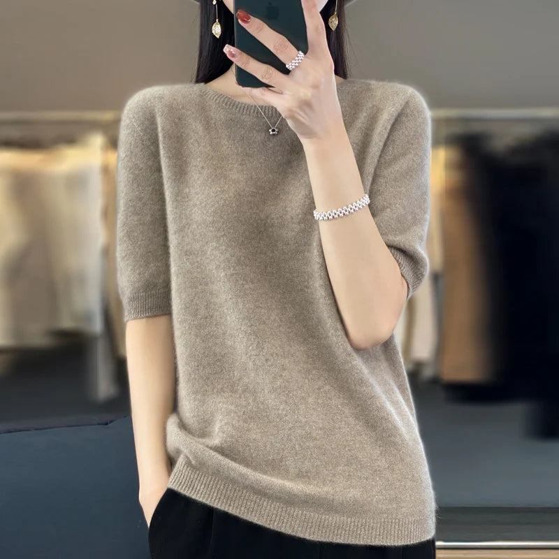 Women's Crew Neck Short Sleeve Sweater Casual Knit Layer