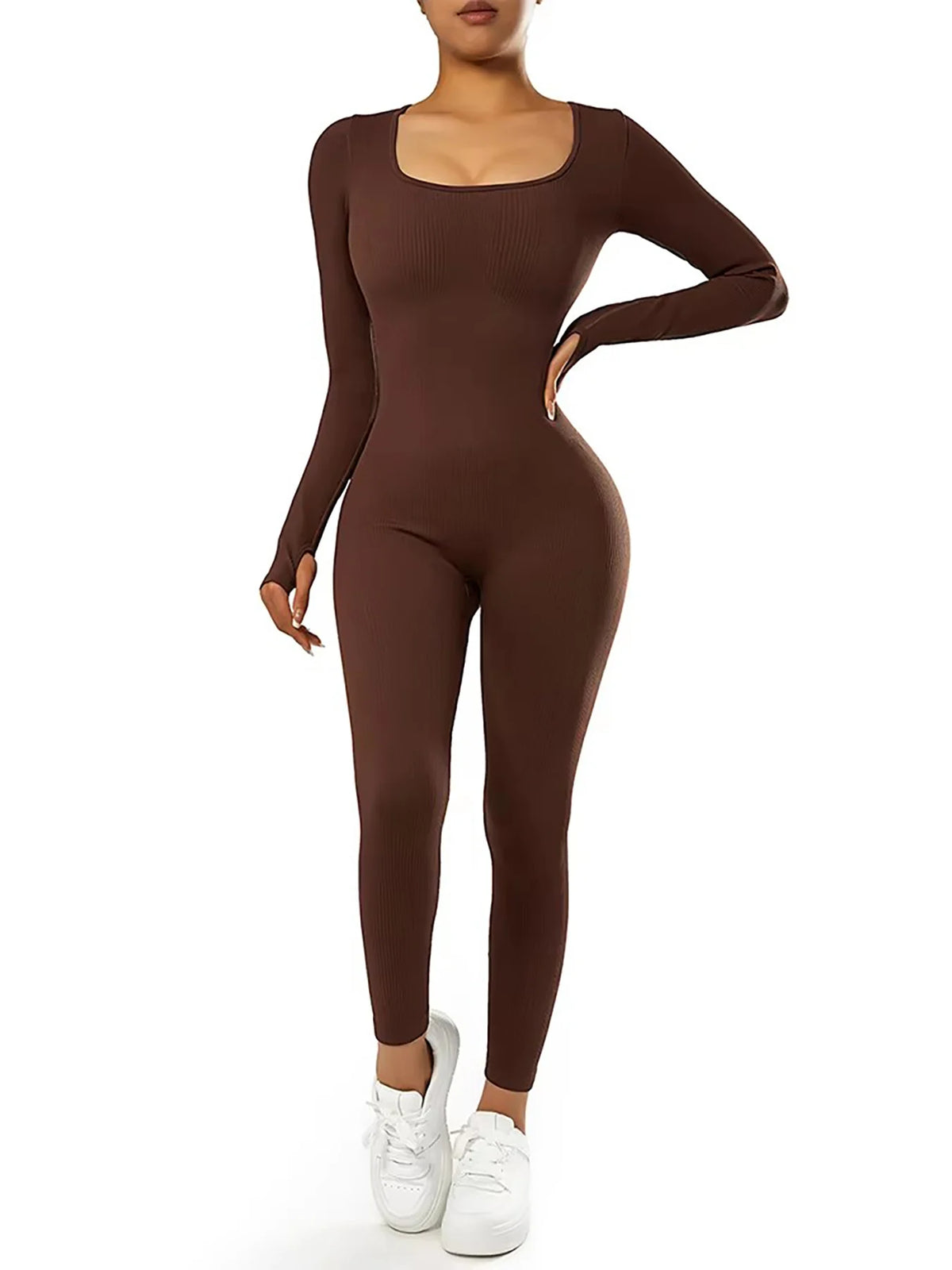 Women's Long Sleeve Ribbed Nylon Blend Workout Jumpsuit with Scoop Neck