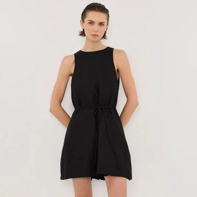 Women's Linen Sleeveless Loose Mini Dress with Waist Tie and Zipper Closure
