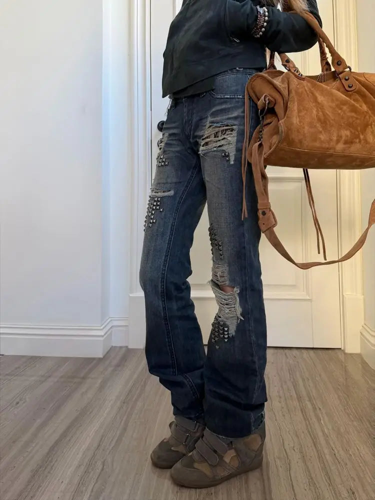 Women's Rivet Distressed Flared Leg Denim Jeans For Everyday Outfits
