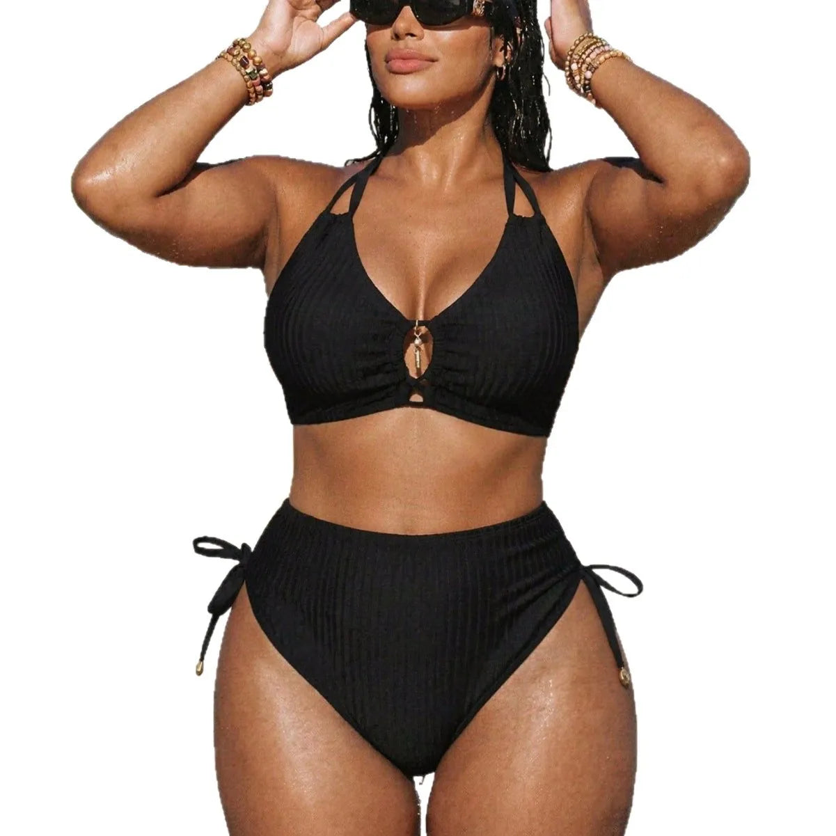 Women's Halter Keyhole Top and Side Tie Bikini Briefs Set