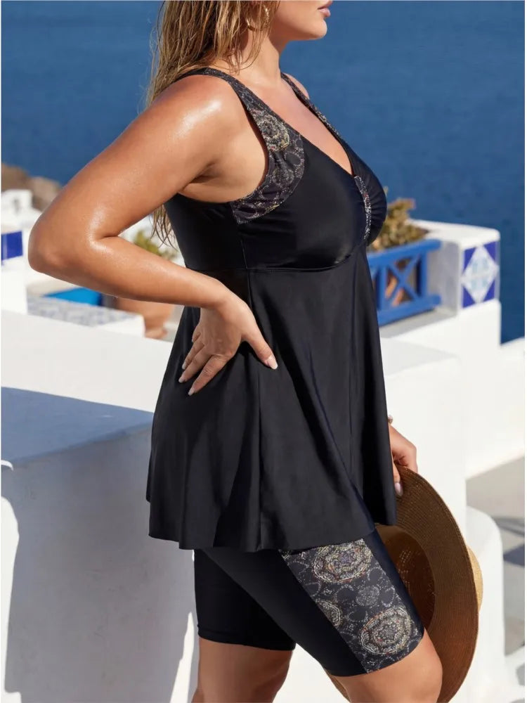 Women's V Neck Swimdress Top and Lace Panel Shorts Set