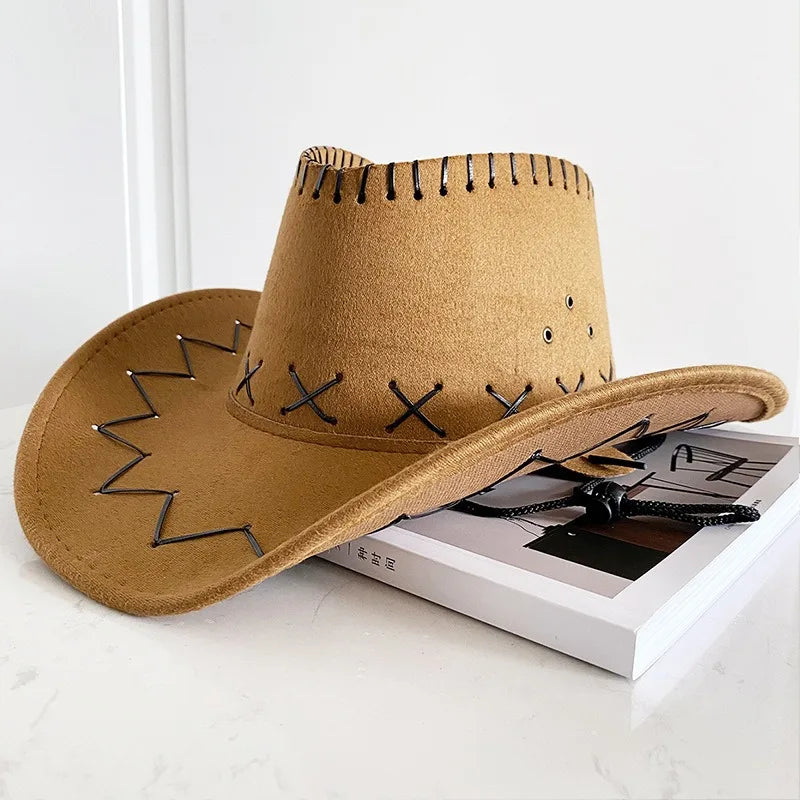 Wide Brim Cowboy Hat with Decorative Edge Stitching