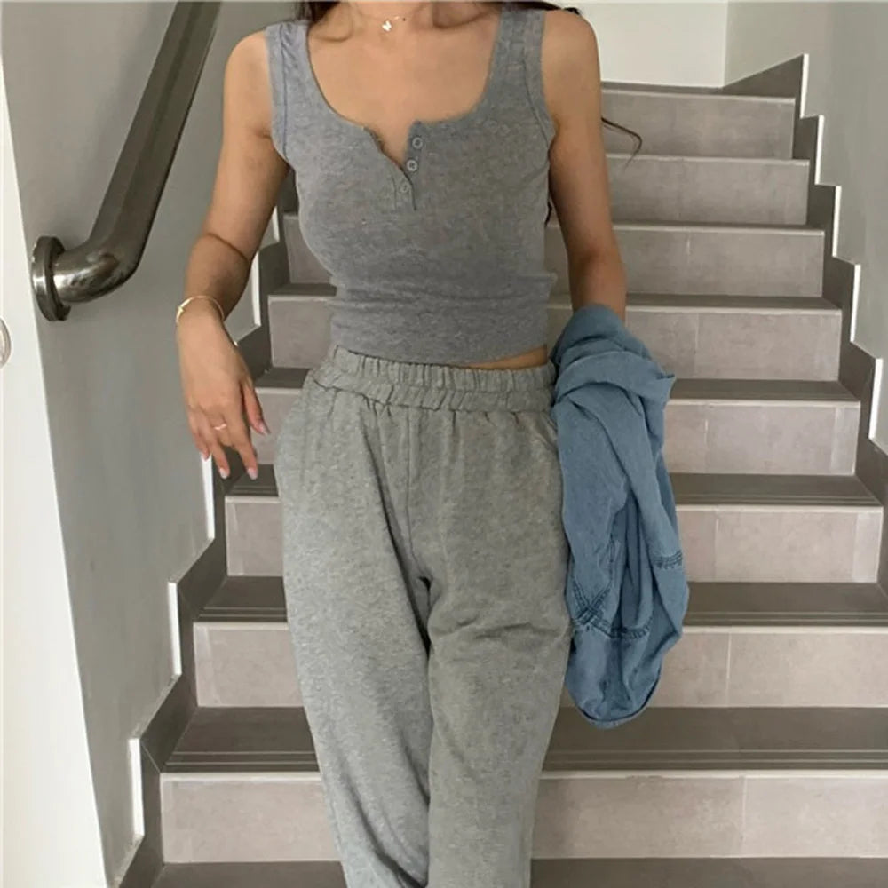 Women's Ribbed Tank Top with Button Front and a Sleeveless Design