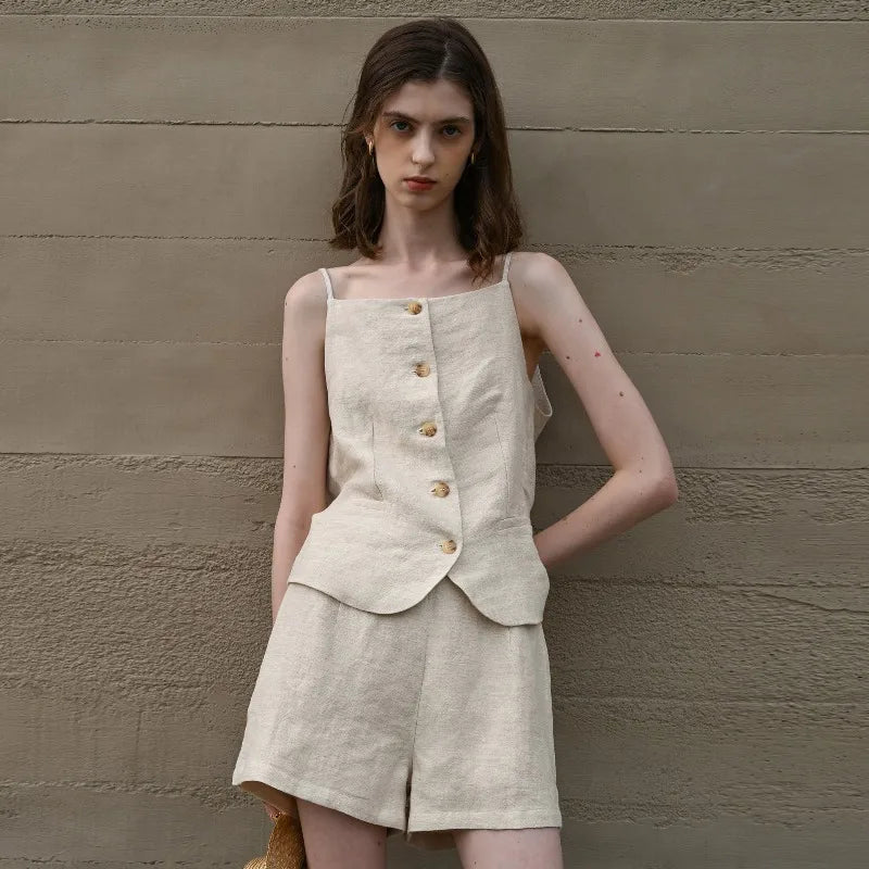 Women's Linen High-Waist Regular-Fit Shorts with Elastic Waist and Decorative Zipper Detail