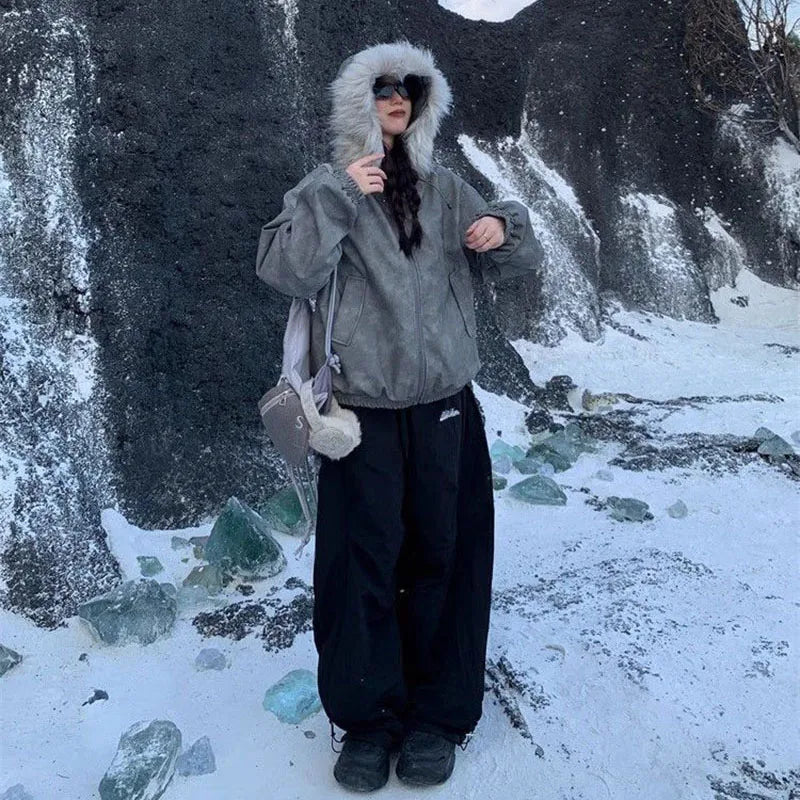 Women's Baggy Winter Pants with Letter Embroidery and Wide Legs