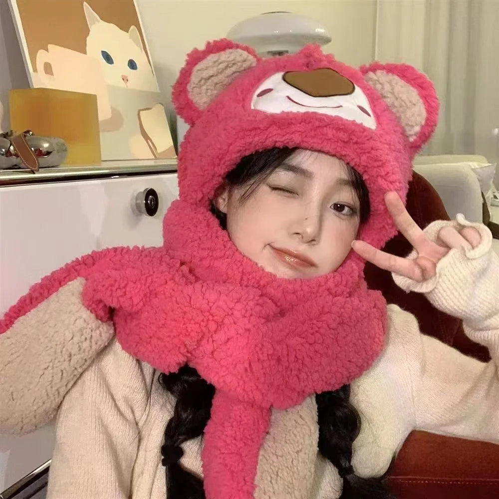 Pooh and Lotso Integrated Hat Scarf and Gloves Set for Winter