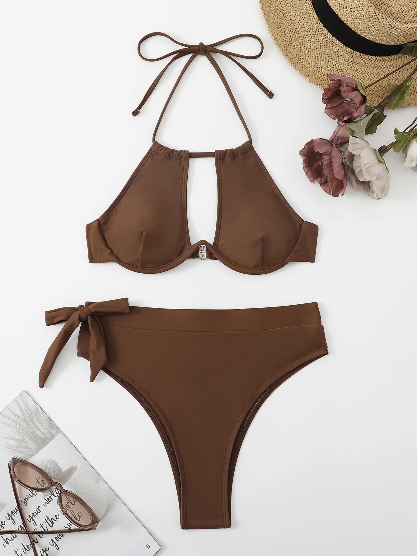 Women's Halter Keyhole Top and Side Tie Bikini Briefs Set