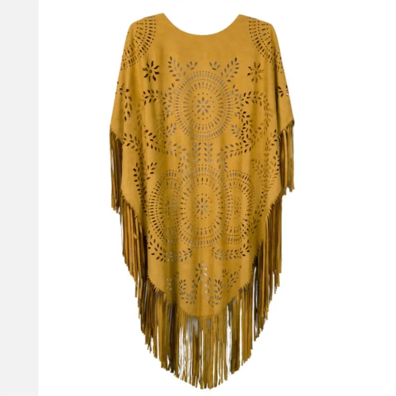 Floral Cutout Long Fringe Cape for Layering over Outfits