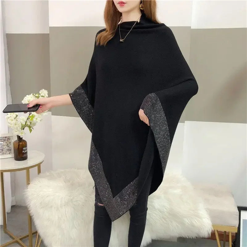 Contrast Trim Pointed Hem Poncho for Layering over Outfits