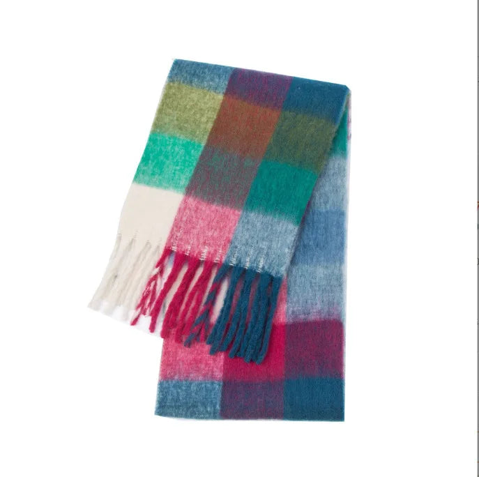 Multicolor Plaid Scarf with Long Shape and Fringed Ends