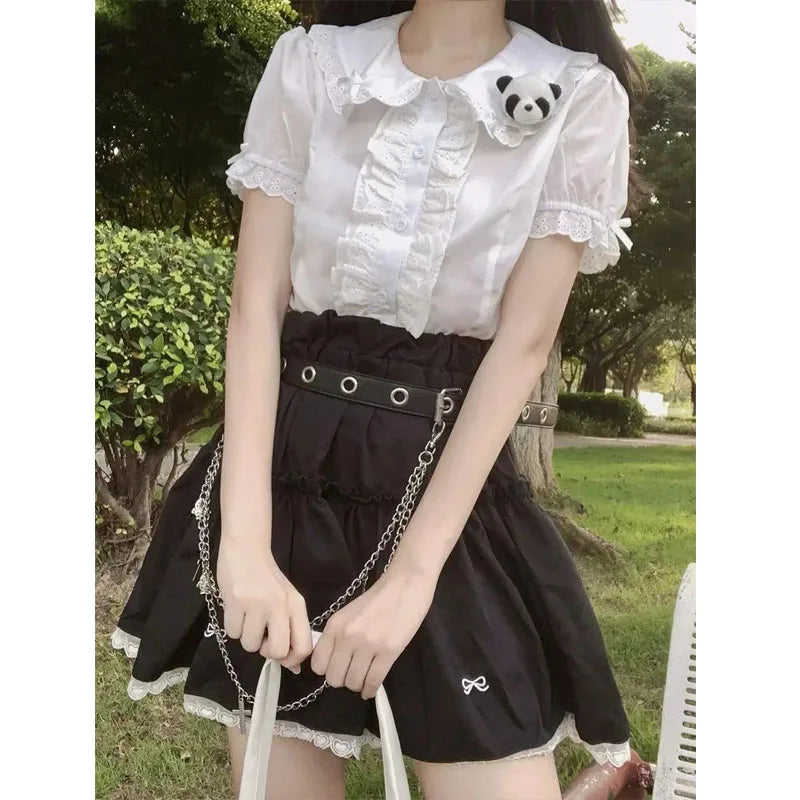 Women's Ruffled Collar Short Sleeve Button Front Blouse