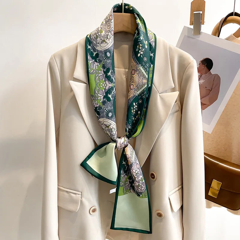 Printed Long Narrow Scarf with Decorative Ribbon Shape