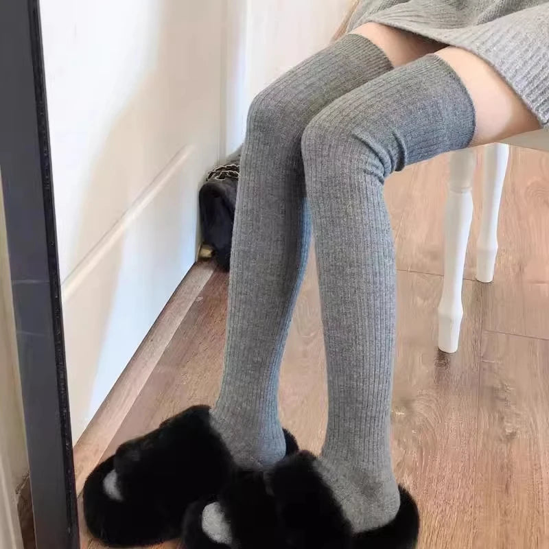 Solid Ribbed Thigh High Socks with Long Footed Shape