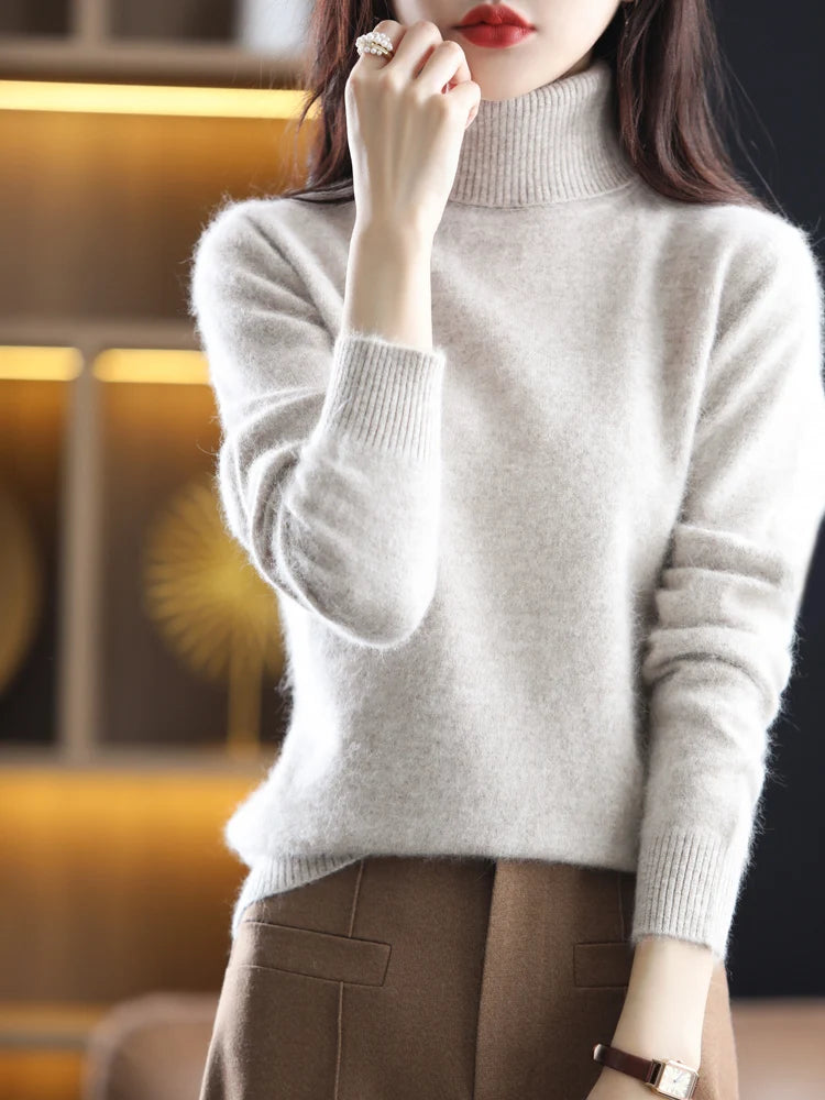 Women's Plain Roll Neck Long Sleeve Sweater Casual Knit Layer