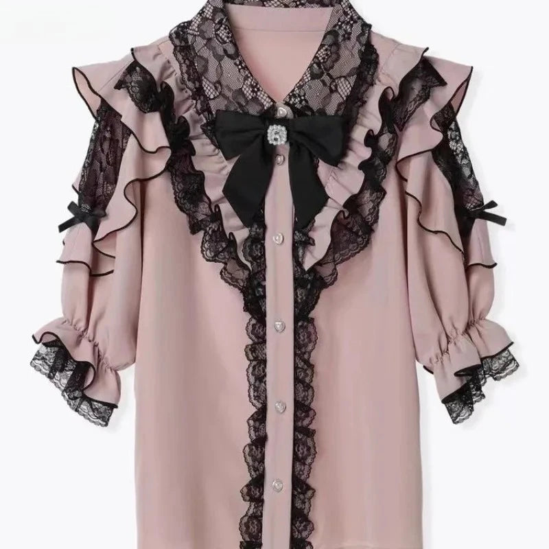 Women's Bow Front Ruffled Short Sleeve Blouse
