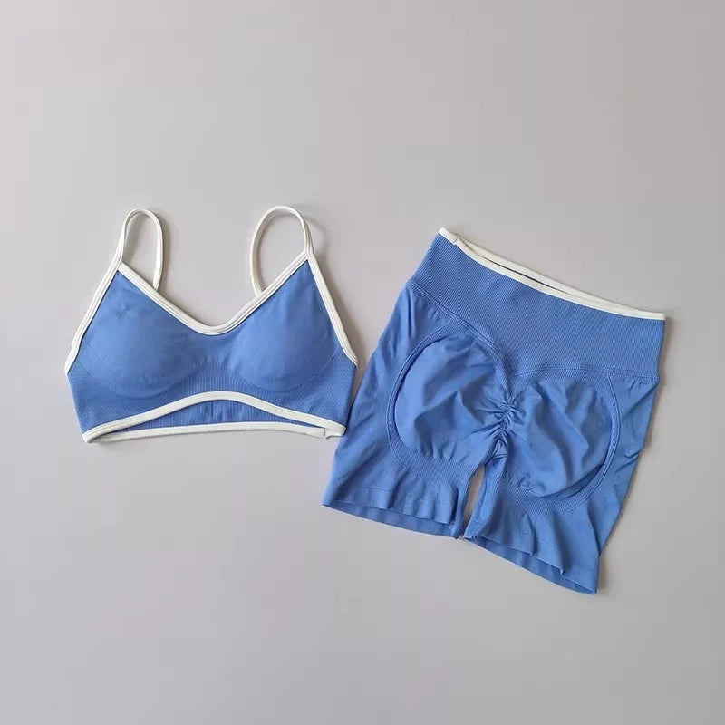 Women's Contrast Trim Bra And Shorts Yoga Set