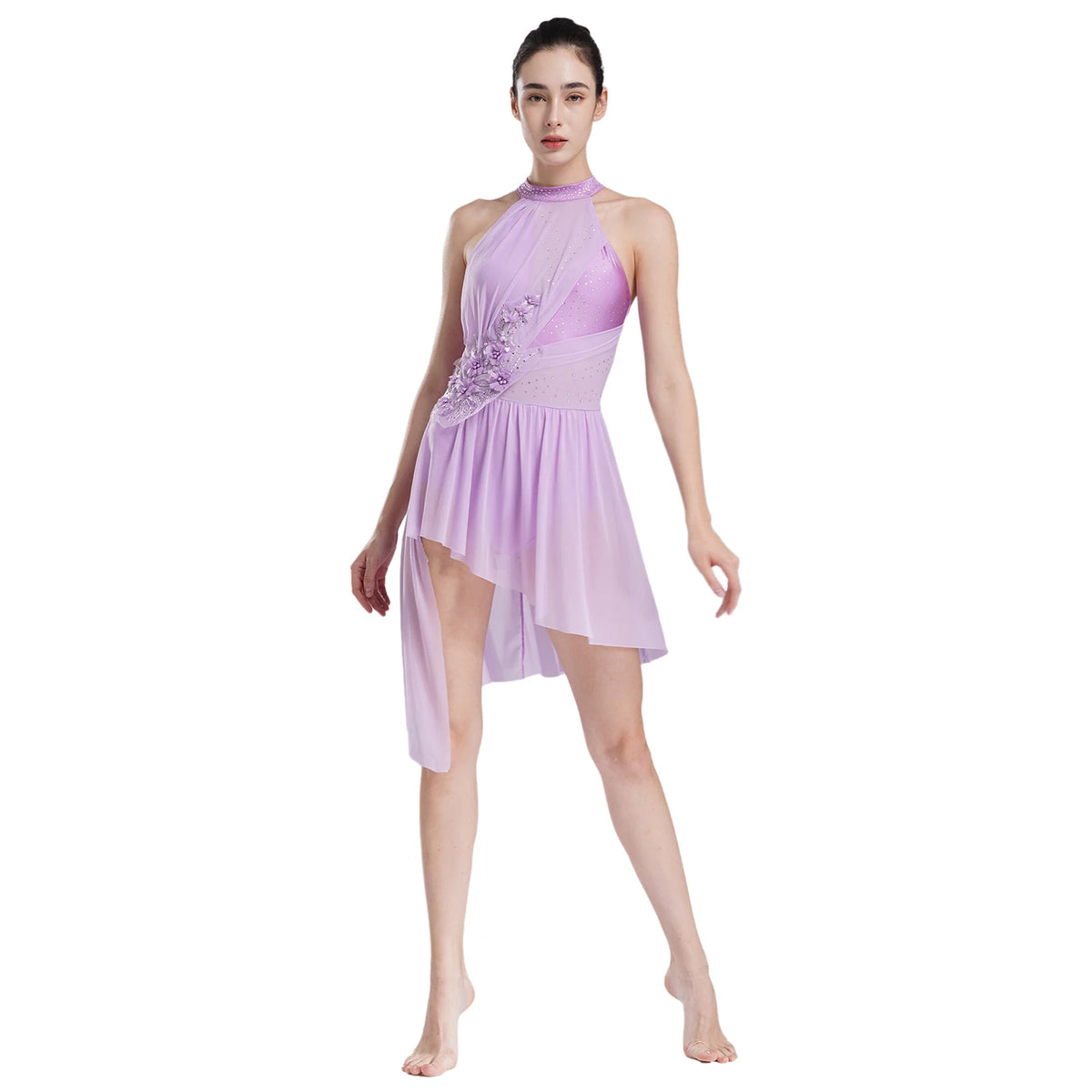 Women's High-Low Dance Dress with Mesh Panels and Skirt Overlay