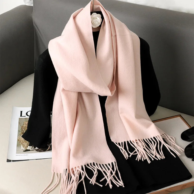 Solid Long Rectangular Scarf with Decorative Fringe Trim