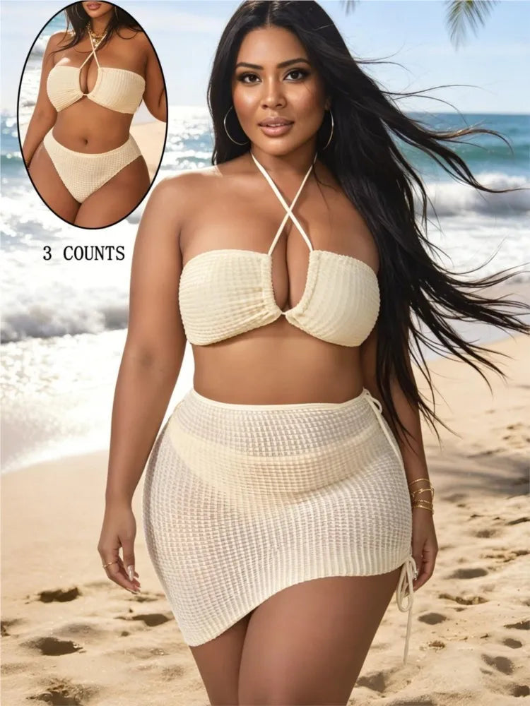 Women's Textured Halter Bikini Set with Matching Ruched Mini Skirt