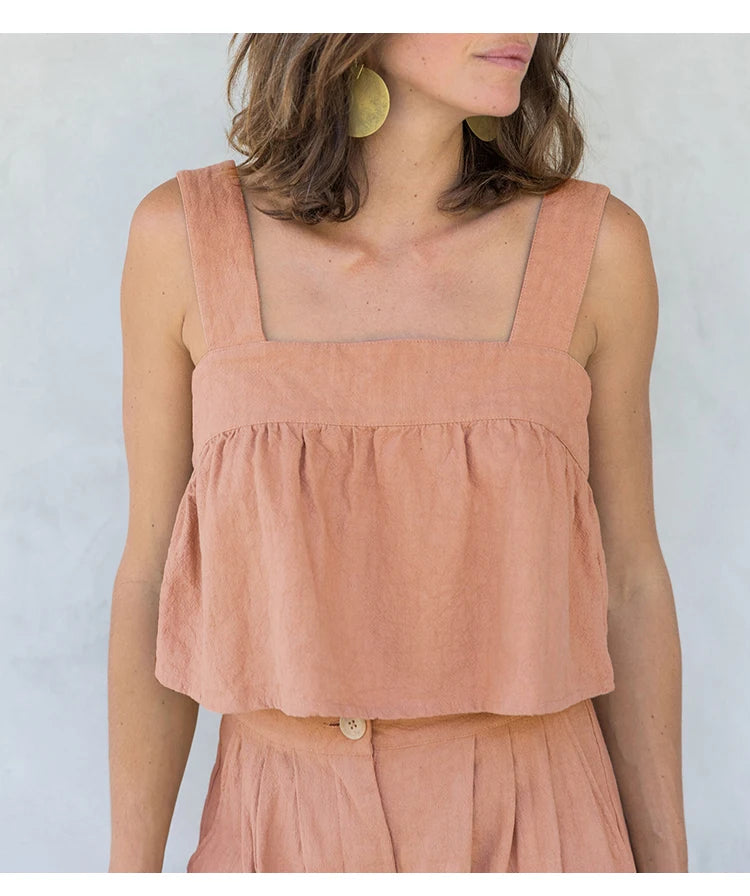 Women's Cotton-Linen Sleeveless Cropped Camisole Top with Button Detail for Summer Outfits