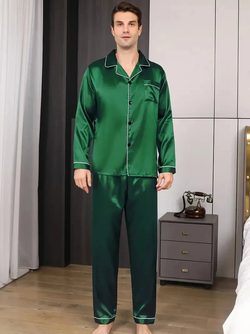 Men's Satin Look Button Front Shirt and Pants Pajama Set