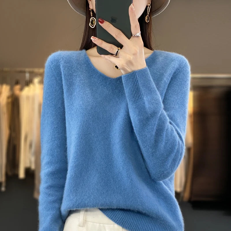 Women's V Neck Long Sleeve Sweater Casual Knit Layer