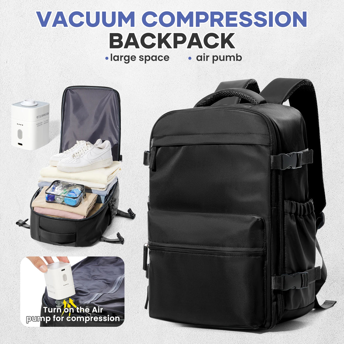 Travel Backpack with Internal Compression Storage and Zippered Compartments