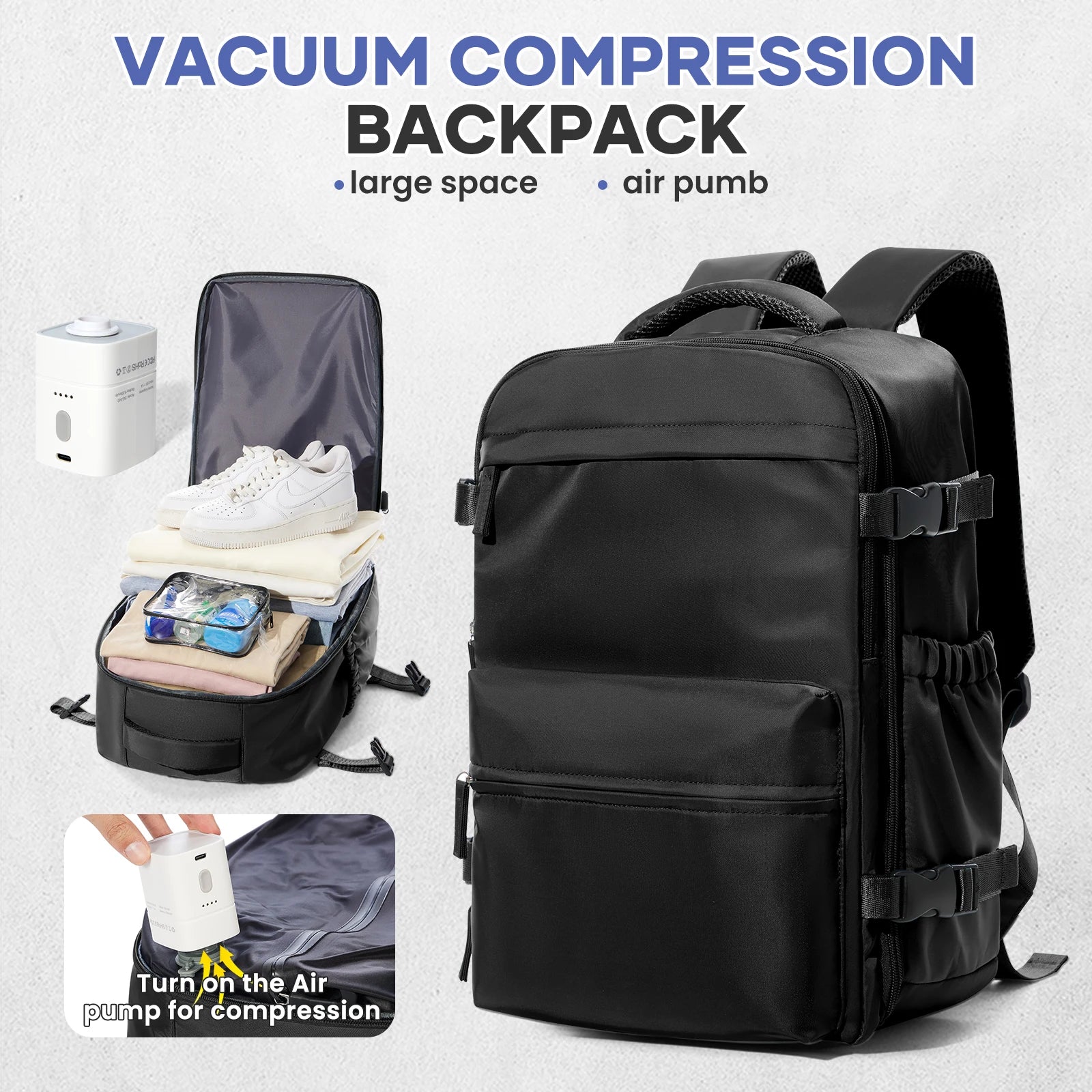 Travel Backpack with Internal Compression Storage and Zippered Compartments