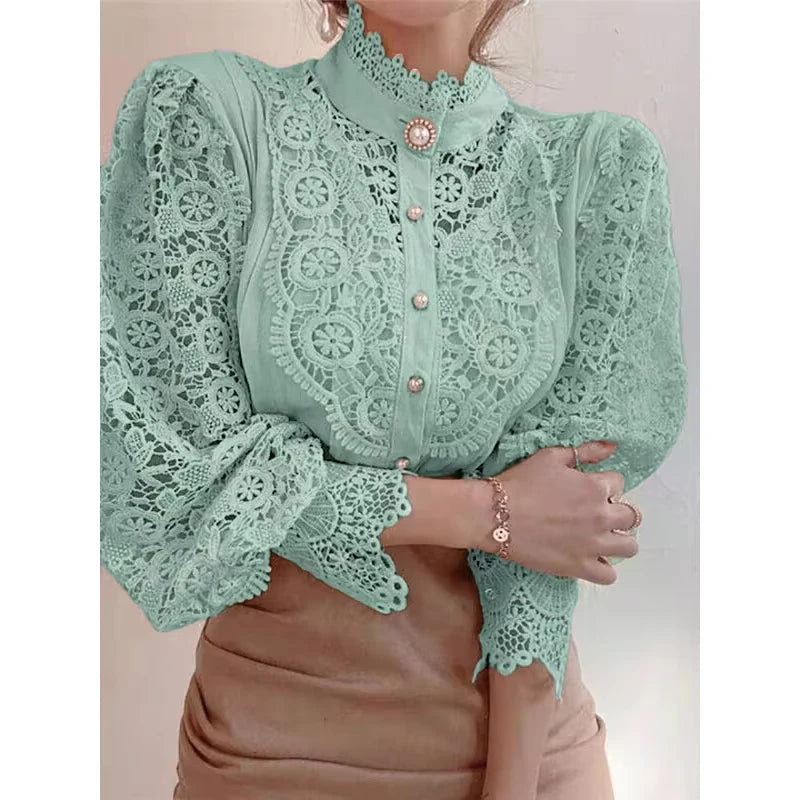 Women's Lace Stand Collar Long Sleeve Button Front Blouse