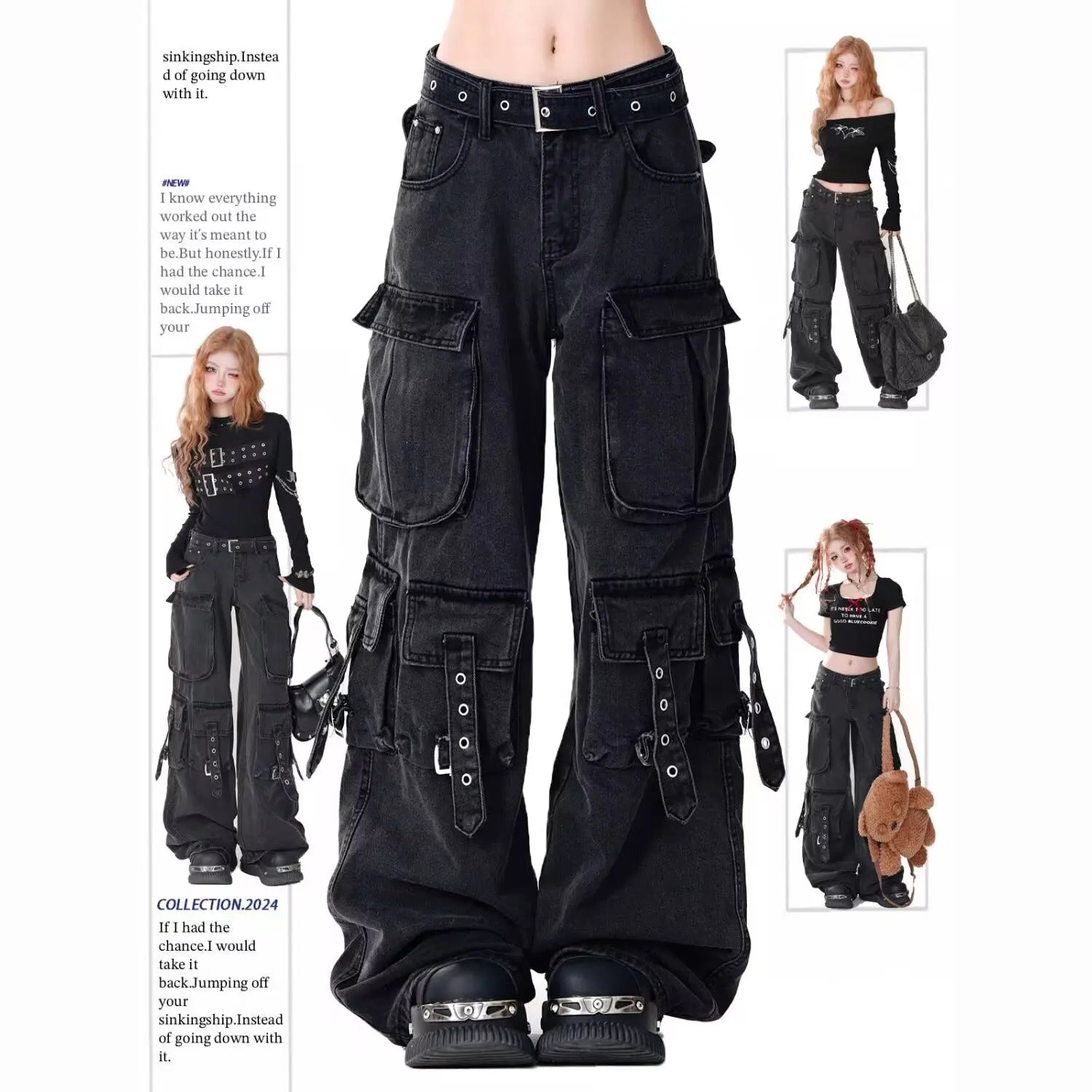 Women's Cargo Pants with Washed Look and Strap Pocket Details