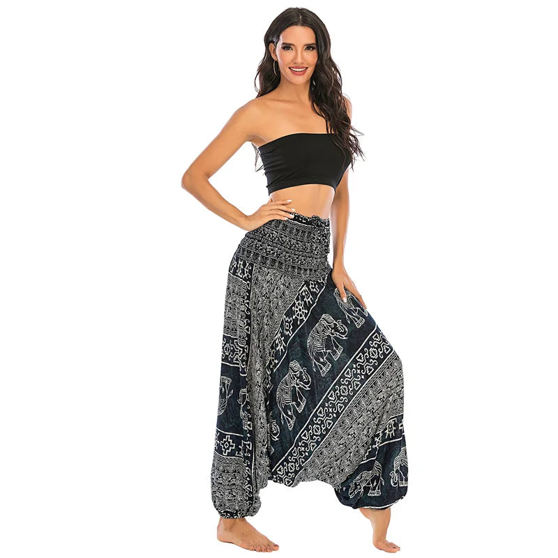 Women's Printed Rayon Harem Pants with Elastic Waist and Convertible Styling