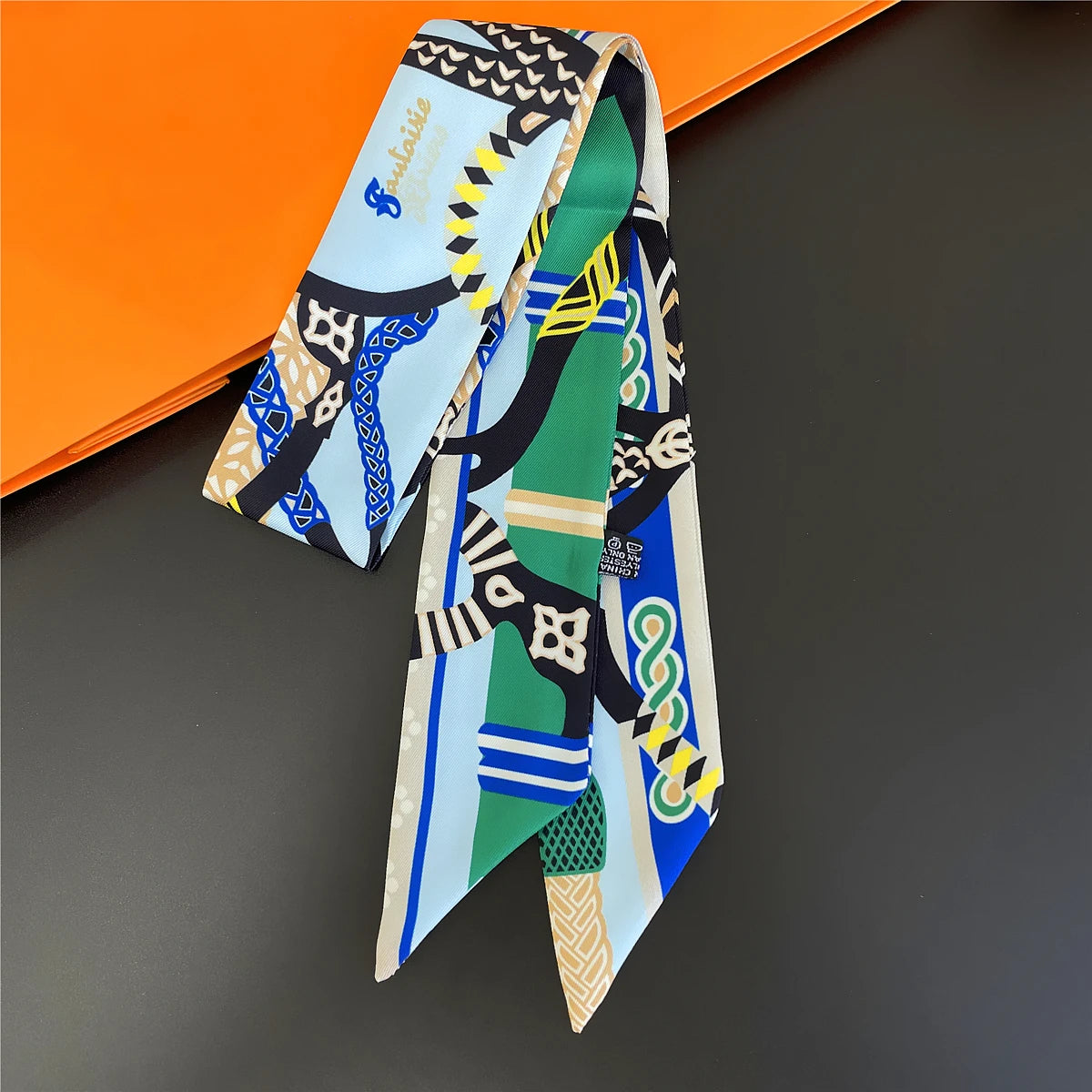 Colorful Printed Skinny Ribbon Scarf with Tie Ends