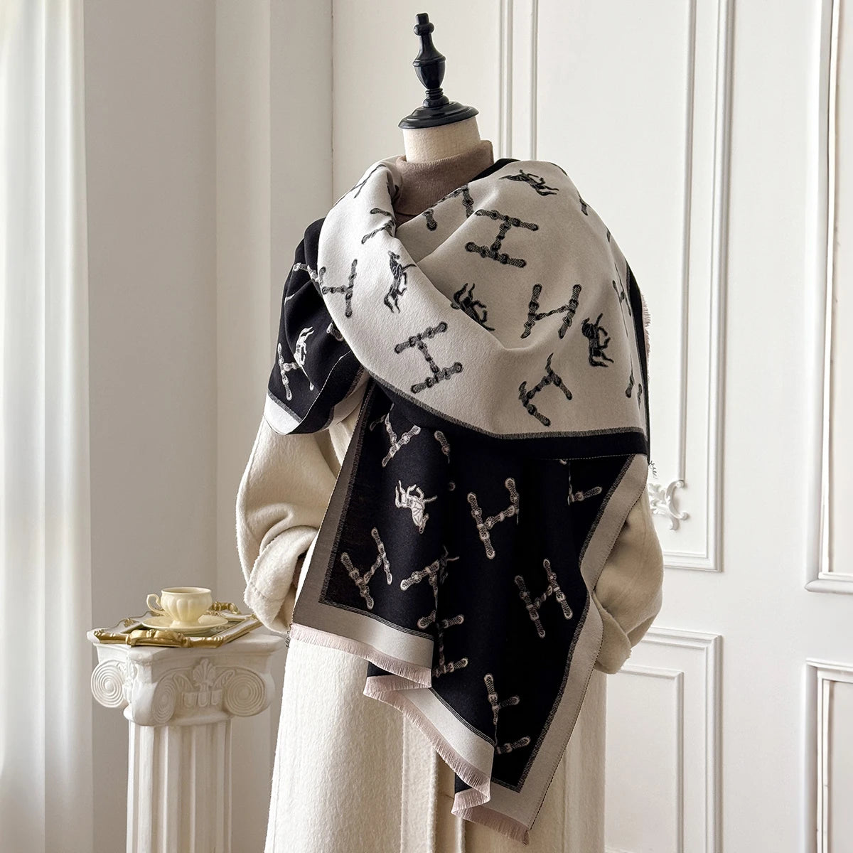 Monogram Pattern Fringed Wrap Scarf for Layering over Outfits