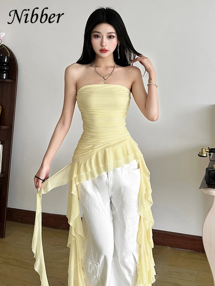 Women's Strapless Polyester Blend Ruched Top with Long Asymmetric Tassel Hem