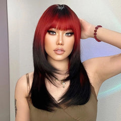 Ombre Red to Black Synthetic Wigs with Bangs Long Straight Layered Wig Colored Party Heat Resistant Hair for Women