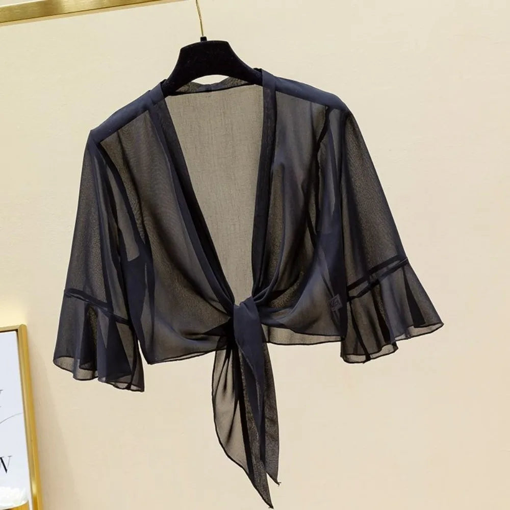 Chiffon Tie Front Short Sleeve Cardigan for Layering over Outfits