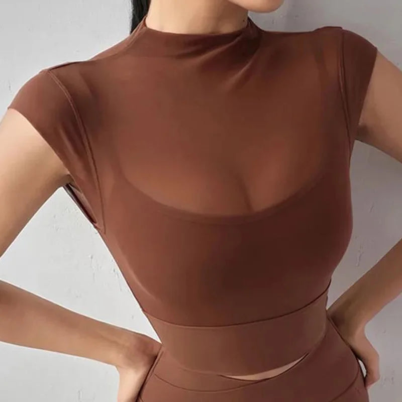 Women's Mesh-Panel High-Neck Workout Top