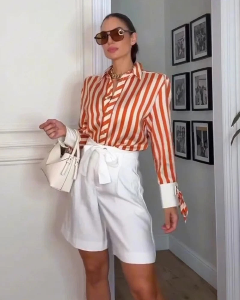 Women's Striped Collared Long Sleeve Shirt