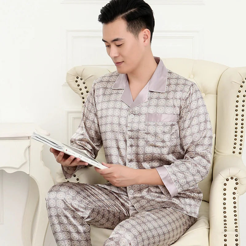 Men's Printed Lapel Button Front Shirt and Pants Pajama Set