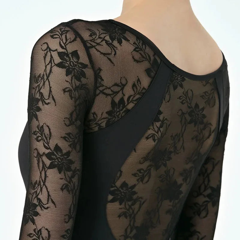 Women's Lace Sleeve Ballet Leotard with V Neckline and Back Opening