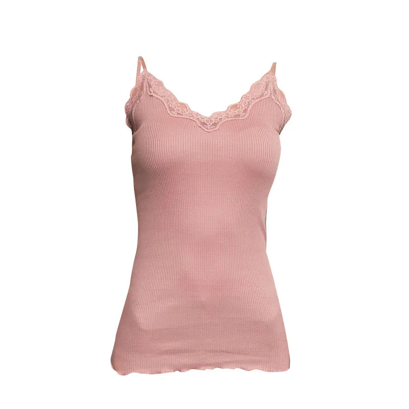 Women's Lace Trim Camisole with Spaghetti Straps and Knitted Construction