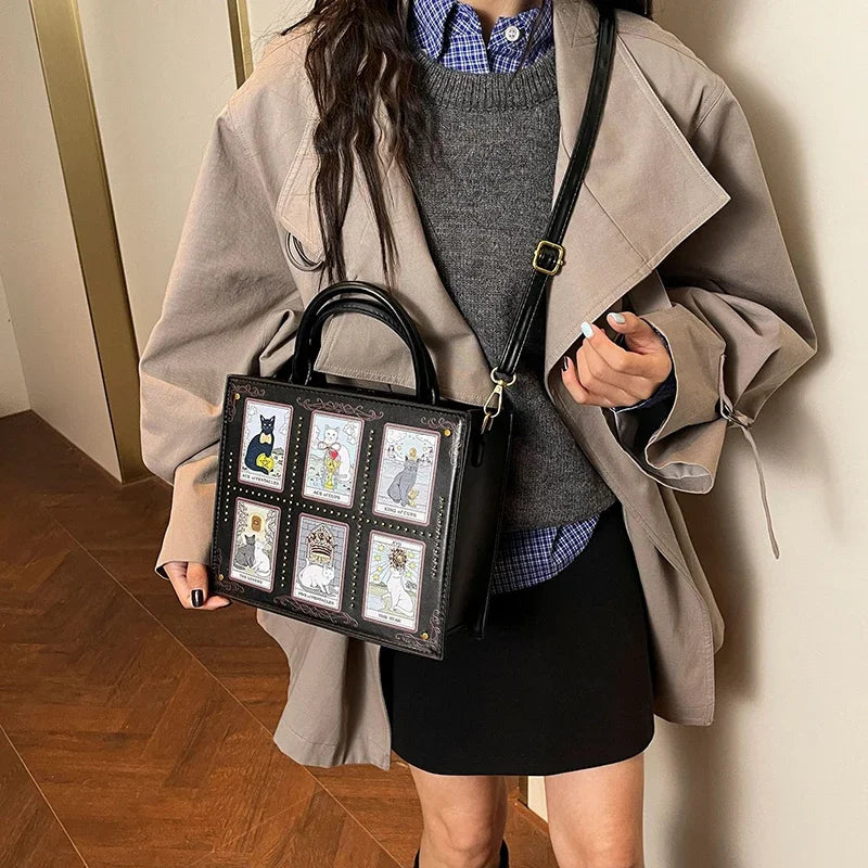 Women's Tarot Cat Print Tote Handbag with Handles and Crossbody Strap