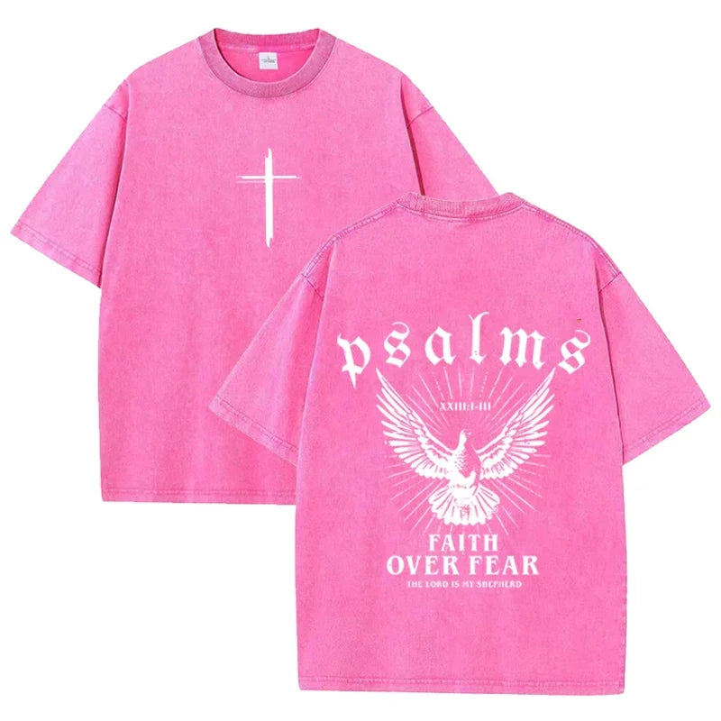 Retro Faith Over Fear T Shirt Psalms Dove Print Casual Washed Religious Streetwear