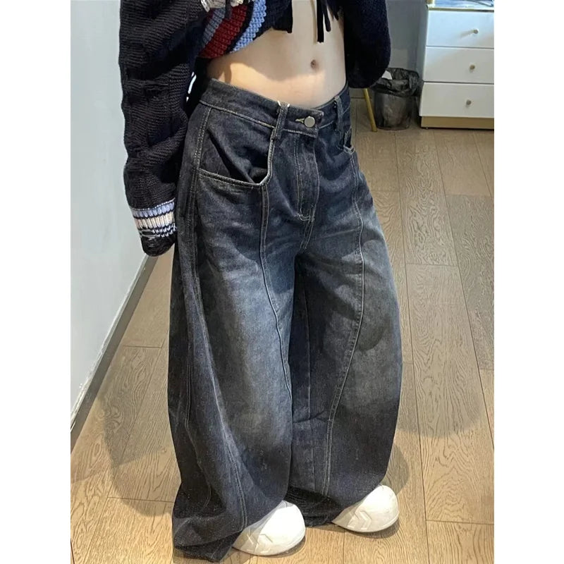 Women's Washed Black Baggy Wide Leg Denim Jeans
