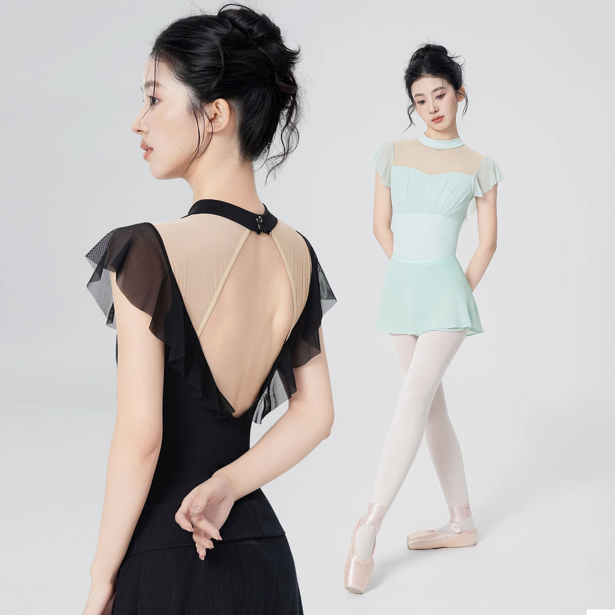 Women's Short Sleeve Ballet Leotard with Ruffled Mesh and Open Back