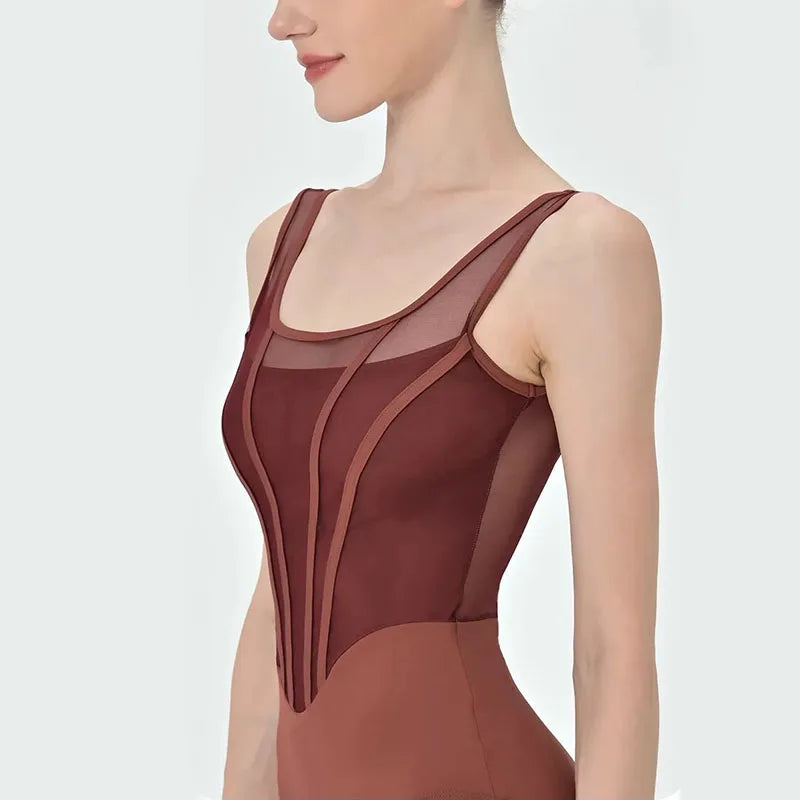 Women's Sleeveless Ballet Leotard with Mesh Panels and Retro Bodice Seams