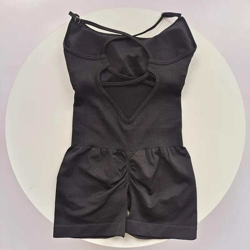 Women's Ribbed Nylon Blend Workout Romper with Lace Up Open Back