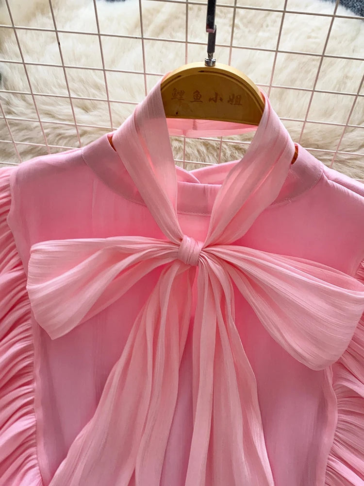 Women's Bow-Neck Long-Sleeve Blouse with Gathered Sleeves for Everyday and Office Outfits